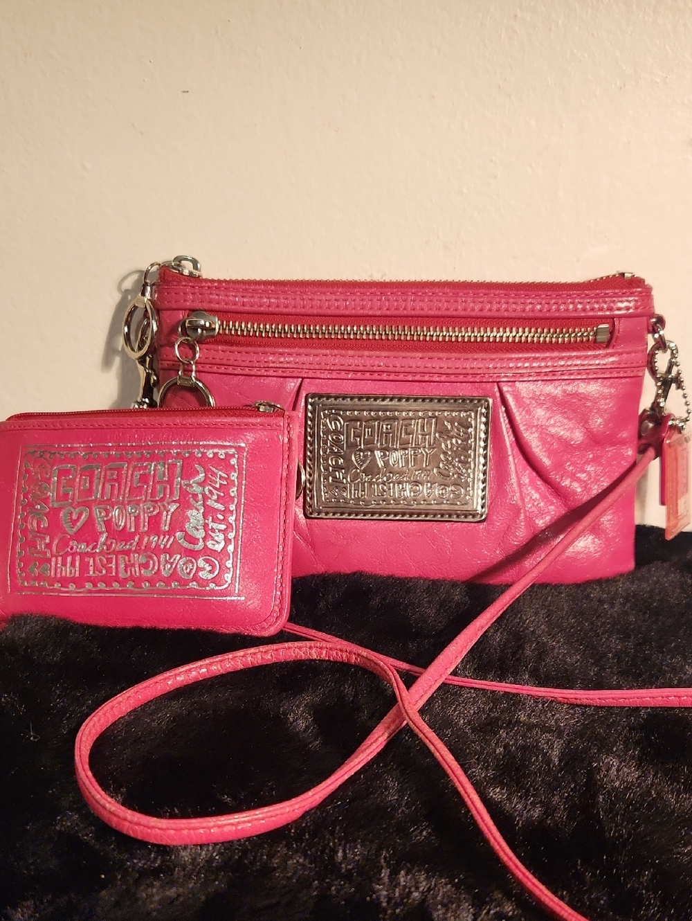 Coach Poppy Hot Pink Leather Crossbody Bag with Matching Coach Poppy Card Case